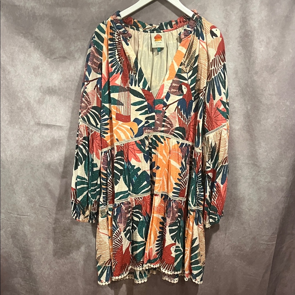 Farm Rio Tropical Parrot and Leaf Print Babydoll 100% Cotton Dress size large
